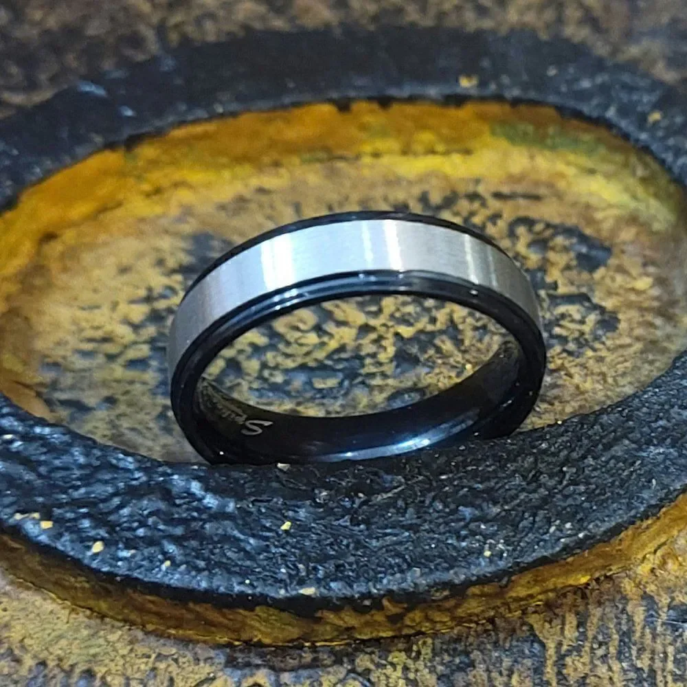 Men's Two Tone Wedding Ring Band Silver and Black - Wedding Ring For Guys